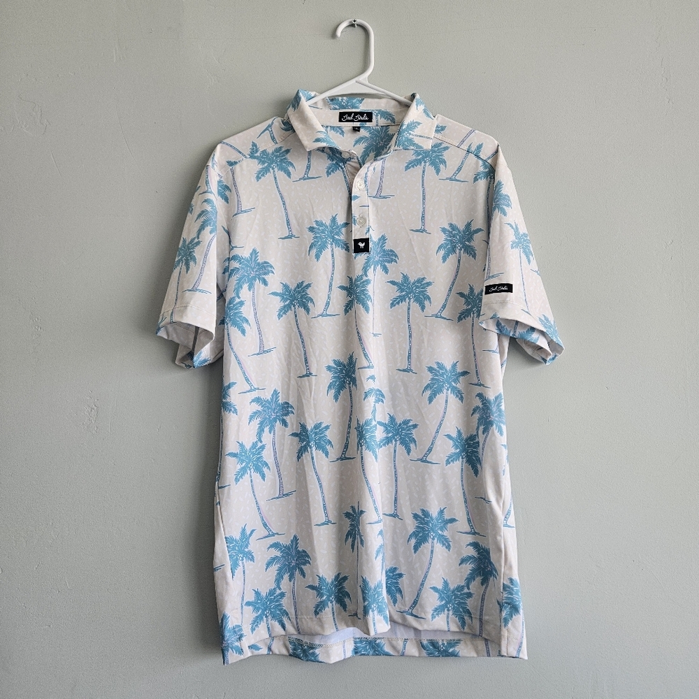 Bad Birdie White Polo with Light Blue Palm Print Golf Polo Tropical Palm Springs